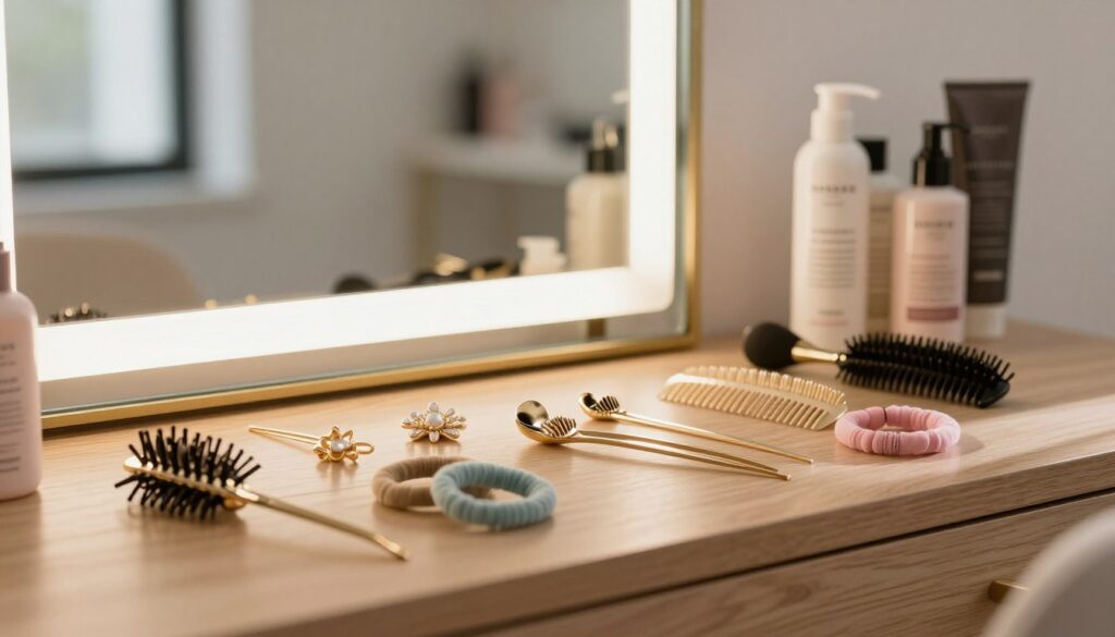 A beautiful display of essential hair accessories for creating a stylish "banan hairstyle." In the foreground, a polished wooden vanity table is adorned with various accessories: elegant hairpins, decorative combs, and supple hair elastics in pastel colors. In the middle ground, a well-lit, large mirror reflects the accessories, enhancing the scene. Soft, natural lighting filters in from a nearby window, casting gentle shadows that add depth. The background features a soft, blurred hair care product shelf, suggesting a stylish grooming atmosphere. The mood is sophisticated and creative, inviting viewers to imagine the process of styling hair. Aim for a close-up angle that captures the intricate details of the accessories while maintaining a clean and clutter-free aesthetic. A beautiful display of essential hair accessories for creating a stylish "banan hairstyle." In the foreground, a polished wooden vanity table is adorned with various accessories: elegant hairpins, decorative combs, and supple hair elastics in pastel colors. In the middle ground, a well-lit, large mirror reflects the accessories, enhancing the scene. Soft, natural lighting filters in from a nearby window, casting gentle shadows that add depth. The background features a soft, blurred hair care product shelf, suggesting a stylish grooming atmosphere. The mood is sophisticated and creative, inviting viewers to imagine the process of styling hair. Aim for a close-up angle that captures the intricate details of the accessories while maintaining a clean and clutter-free aesthetic.