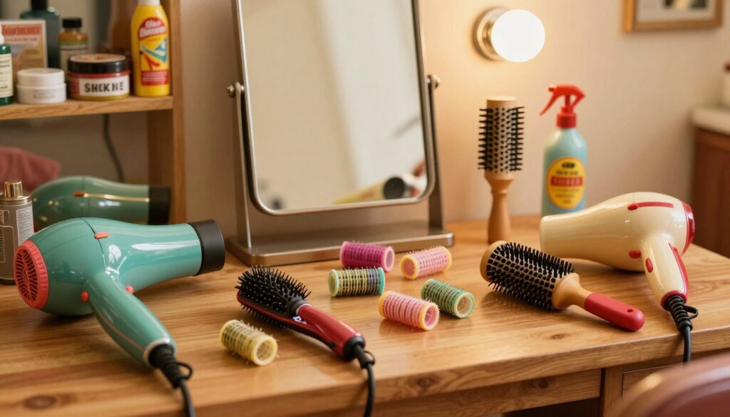 A beautifully arranged collection of retro hairstyling tools set on a wooden table, evoking the essence of the 1970s. In the foreground, vintage hair dryers and curling irons with colorful plastic handles, alongside classic round brushes and a variety of hair rollers. The middle ground features an old-fashioned mirror reflecting soft, warm light, creating a nostalgic ambiance. In the background, shelves with retro hair products like pomades and spray bottles in funky packaging add to the scene. The lighting is warm and inviting, reminiscent of a 70s salon, with a slightly blurred effect around the edges to enhance the dreamy atmosphere. The overall mood is playful and vibrant, capturing the spirit of retro hairstyling artistry. A beautifully arranged collection of retro hairstyling tools set on a wooden table, evoking the essence of the 1970s. In the foreground, vintage hair dryers and curling irons with colorful plastic handles, alongside classic round brushes and a variety of hair rollers. The middle ground features an old-fashioned mirror reflecting soft, warm light, creating a nostalgic ambiance. In the background, shelves with retro hair products like pomades and spray bottles in funky packaging add to the scene. The lighting is warm and inviting, reminiscent of a 70s salon, with a slightly blurred effect around the edges to enhance the dreamy atmosphere. The overall mood is playful and vibrant, capturing the spirit of retro hairstyling artistry.