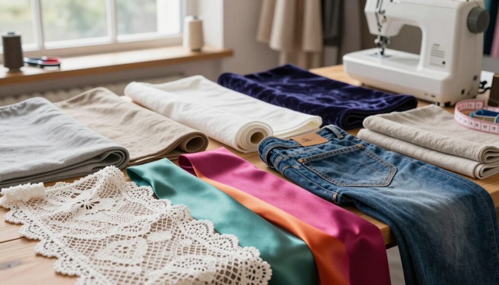 A beautifully arranged display of various fabric types on a wooden table, showcasing the intricate textures and designs of each material. In the foreground, a piece of delicate lace in white, shimmering silk in vibrant colors, and sturdy denim with visible stitching details. In the middle, bolts of varying fabrics including soft cotton, rich velvet, and linen, each hinting at different sewing challenges and complexities associated with alterations. The background features a softly lit fashion studio with sewing tools like scissors, measuring tape, and a sewing machine, creating an inviting and professional atmosphere. Natural light filters through a large window, casting soft shadows and highlighting the diversity in materials, evoking a sense of creativity and craftsmanship in tailoring. A beautifully arranged display of various fabric types on a wooden table, showcasing the intricate textures and designs of each material. In the foreground, a piece of delicate lace in white, shimmering silk in vibrant colors, and sturdy denim with visible stitching details. In the middle, bolts of varying fabrics including soft cotton, rich velvet, and linen, each hinting at different sewing challenges and complexities associated with alterations. The background features a softly lit fashion studio with sewing tools like scissors, measuring tape, and a sewing machine, creating an inviting and professional atmosphere. Natural light filters through a large window, casting soft shadows and highlighting the diversity in materials, evoking a sense of creativity and craftsmanship in tailoring.