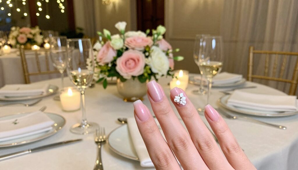 A beautifully arranged table at a wedding reception featuring an elegant manicure display. Foreground: close-up of a hand adorned with a delicate, pastel-colored manicure, showcasing a soft pink base with subtle shimmer and tiny white floral accents. Middle: a tastefully set table with champagne glasses, soft pink and white floral centerpieces, and luxurious linen. Background: blurred wedding decorations with twinkling fairy lights, creating a romantic atmosphere. Lighting is warm and ambient, casting a soft glow on the nails and table setting, enhancing the serene mood. The overall composition exudes elegance and sophistication, perfect for a special occasion like a wedding. A beautifully arranged table at a wedding reception featuring an elegant manicure display. Foreground: close-up of a hand adorned with a delicate, pastel-colored manicure, showcasing a soft pink base with subtle shimmer and tiny white floral accents. Middle: a tastefully set table with champagne glasses, soft pink and white floral centerpieces, and luxurious linen. Background: blurred wedding decorations with twinkling fairy lights, creating a romantic atmosphere. Lighting is warm and ambient, casting a soft glow on the nails and table setting, enhancing the serene mood. The overall composition exudes elegance and sophistication, perfect for a special occasion like a wedding.