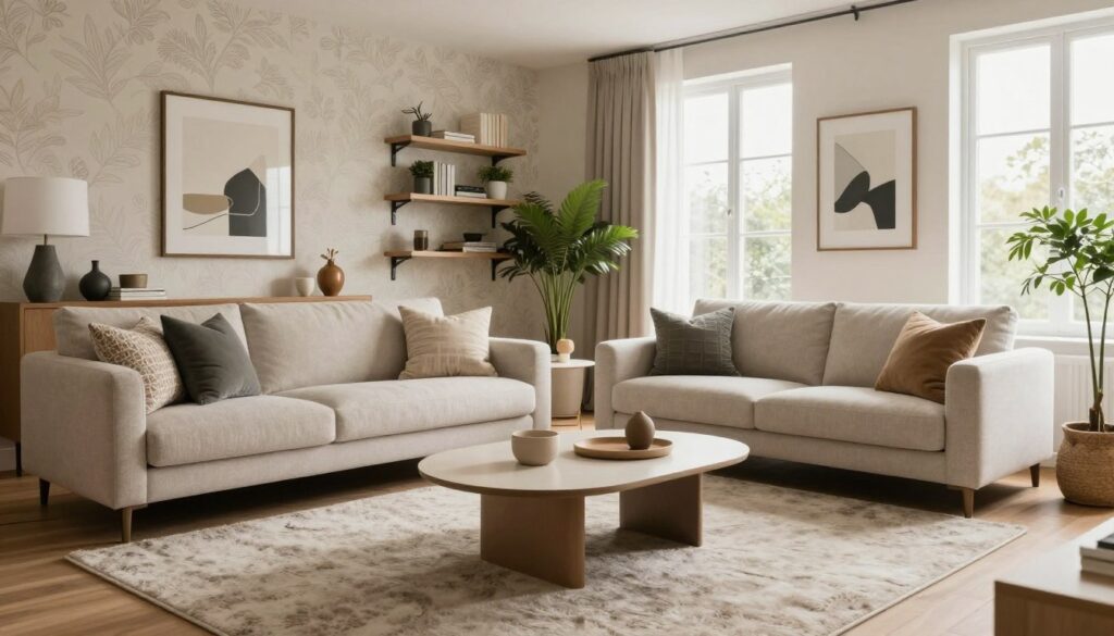 A beautifully designed modern living room showcasing an influencer's home interior. In the foreground, a cozy, stylish sofa adorned with decorative pillows sits invitingly on a plush area rug. The middle ground features a sleek coffee table with a few minimalist decor pieces, alongside shelves with curated books and plants for a touch of greenery. In the background, large windows allow soft, natural light to flood the space, highlighting the elegant wallpaper and contemporary art pieces. The overall ambiance is warm and welcoming, exuding a blend of comfort and sophistication, perfect for social media settings. Capture this scene with a wide-angle lens for a spacious feel, emphasizing the harmony of the interior design elements.