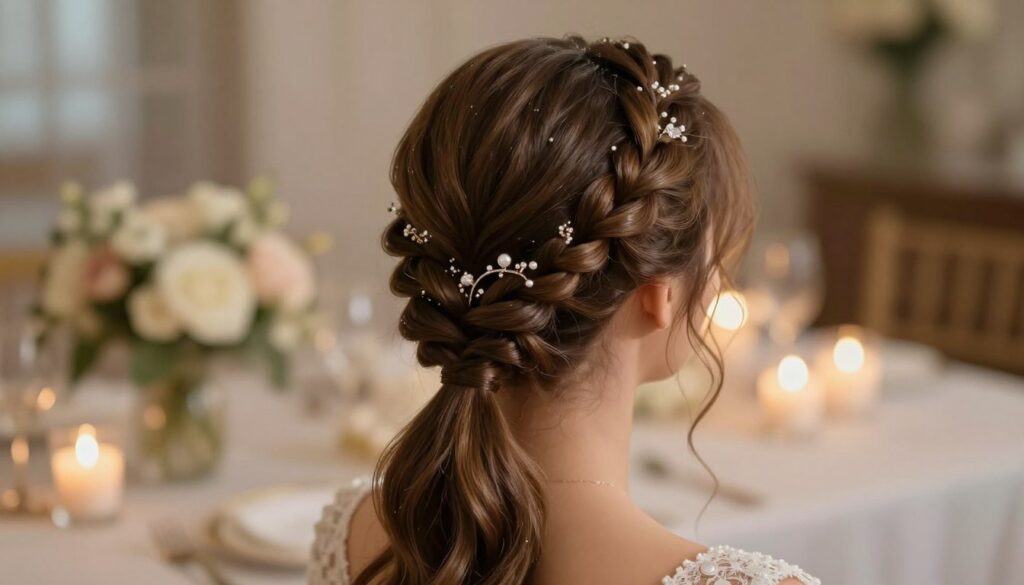A beautifully styled hairdo featuring a "faux braid" combined with a sleek ponytail, set against a softly lit indoor environment resembling an elegant wedding setting. The foreground showcases a close-up of the intricate faux braid, with strands artfully woven and blended into a polished ponytail. Surrounding the hairstyle, delicate hair accessories glimmer subtly, enhancing the upscale ambiance. In the middle ground, a blurred, softly illuminated background hints at wedding decorations, such as floral arrangements and warm candlelight, creating a romantic atmosphere. The lighting evokes a soft, enchanting glow, reminiscent of twilight, captured from a slightly elevated angle to provide depth and elegance to the composition. The mood is sophisticated and timeless, perfect for an elegant wedding hairstyle tutorial.