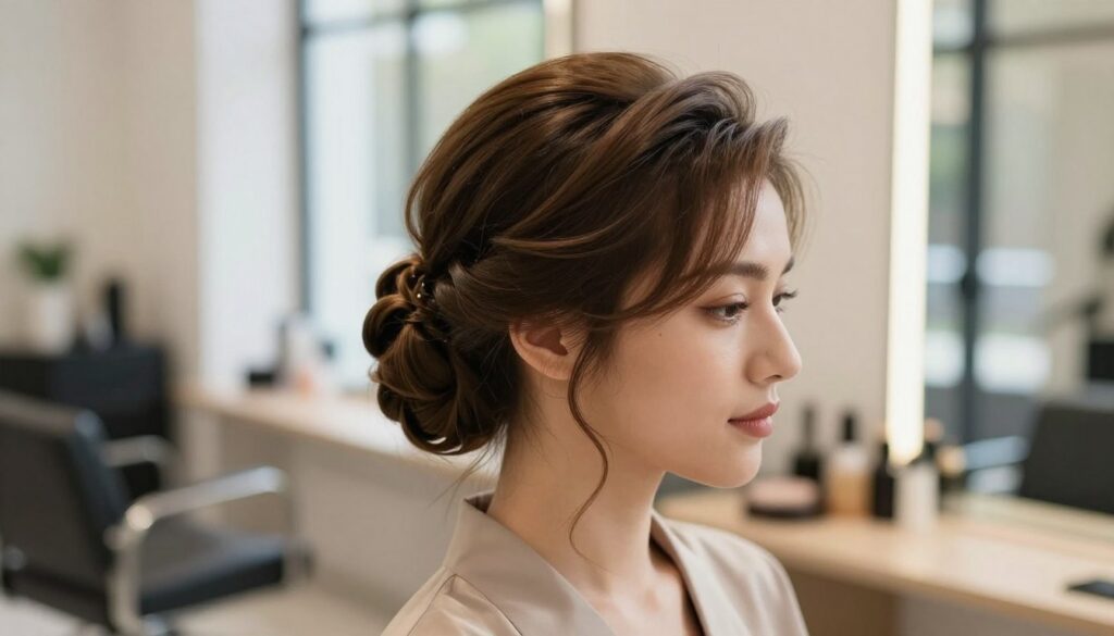 A beautifully styled "kok francuski" hairstyle, elegantly twisted and pinned up, showcasing its classic banana shape. The focus is on a close-up of the hairstyle, highlighting intricate details such as the smooth and shiny texture of the hair, with subtle waves framing the face. The model, dressed in a modest, stylish blouse, stands in a softly lit room, emphasizing the elegance of the hairstyle against a softly blurred background of an upscale salon setting. Natural light filters through large windows, creating a warm and inviting atmosphere. The angle should be slightly tilted downward to capture the hairstyle's profile and depth, enhancing the sophisticated appeal of the "kok francuski." A beautifully styled "kok francuski" hairstyle, elegantly twisted and pinned up, showcasing its classic banana shape. The focus is on a close-up of the hairstyle, highlighting intricate details such as the smooth and shiny texture of the hair, with subtle waves framing the face. The model, dressed in a modest, stylish blouse, stands in a softly lit room, emphasizing the elegance of the hairstyle against a softly blurred background of an upscale salon setting. Natural light filters through large windows, creating a warm and inviting atmosphere. The angle should be slightly tilted downward to capture the hairstyle's profile and depth, enhancing the sophisticated appeal of the "kok francuski."