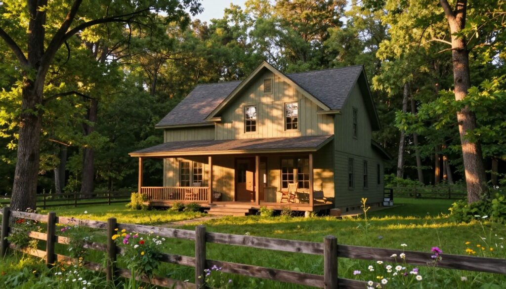 A charming farmhouse nestled in a serene forest, surrounded by tall, lush trees. In the foreground, a rustic wooden fence adorned with colorful wildflowers leads to the front porch of the house, which features a cozy rocking chair. The middle ground showcases the farmhouse with its inviting wooden exterior and large windows reflecting the dappled sunlight. The background consists of dense forest foliage, creating a tranquil, green atmosphere. The scene is bathed in warm, golden light of late afternoon, casting soft shadows and enhancing the peaceful feel. The image captures a sense of isolation and harmony with nature, perfect for illustrating a personal retreat. Use a slightly elevated angle to emphasize the connection between the house and its beautiful surroundings. A charming farmhouse nestled in a serene forest, surrounded by tall, lush trees. In the foreground, a rustic wooden fence adorned with colorful wildflowers leads to the front porch of the house, which features a cozy rocking chair. The middle ground showcases the farmhouse with its inviting wooden exterior and large windows reflecting the dappled sunlight. The background consists of dense forest foliage, creating a tranquil, green atmosphere. The scene is bathed in warm, golden light of late afternoon, casting soft shadows and enhancing the peaceful feel. The image captures a sense of isolation and harmony with nature, perfect for illustrating a personal retreat. Use a slightly elevated angle to emphasize the connection between the house and its beautiful surroundings.