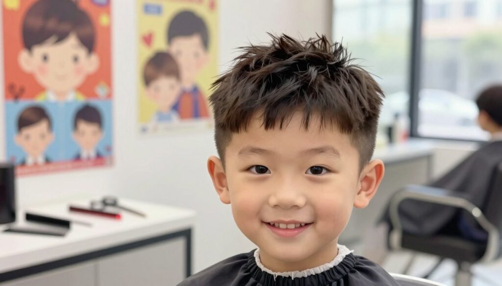 A charming illustration of a small boy with a stylish, easy-to-manage haircut. In the foreground, the boy is smiling, showcasing his haircut that combines versatility and comfort. His hair should be short on the sides with a bit more length on top, allowing for playful styling. In the middle ground, depict a hair salon environment with colorful posters of different hairstyles suitable for young boys, and tools like scissors and combs neatly arranged. The background features a bright, inviting atmosphere with daylight streaming through large windows, creating a cheerful mood. Use a soft focus on the background to highlight the boy, and ensure the overall image is vibrant and engaging, suitable for a family-oriented context. A charming illustration of a small boy with a stylish, easy-to-manage haircut. In the foreground, the boy is smiling, showcasing his haircut that combines versatility and comfort. His hair should be short on the sides with a bit more length on top, allowing for playful styling. In the middle ground, depict a hair salon environment with colorful posters of different hairstyles suitable for young boys, and tools like scissors and combs neatly arranged. The background features a bright, inviting atmosphere with daylight streaming through large windows, creating a cheerful mood. Use a soft focus on the background to highlight the boy, and ensure the overall image is vibrant and engaging, suitable for a family-oriented context.