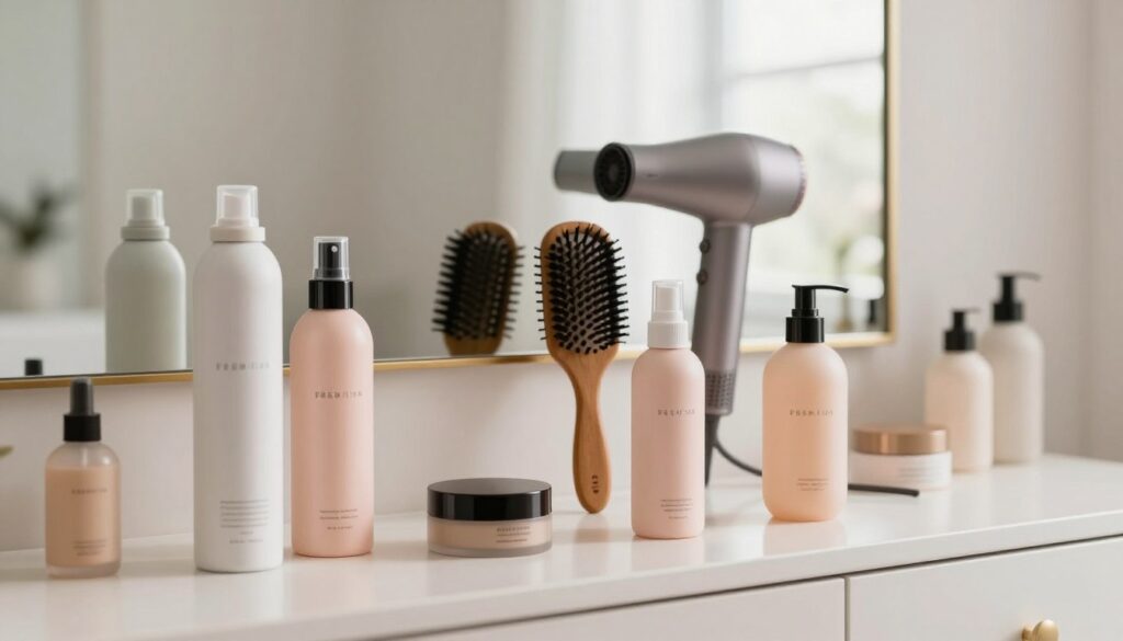A chic still-life composition of essential hair styling products arranged aesthetically on a minimalist vanity. The foreground features elegant bottles of hair spray, mousse, and styling gel, all with sleek, modern designs. The middle section includes a well-organized display of a round brush and a hairdryer, positioned strategically among the products. The background is softly blurred, revealing a cozy, bright bathroom with natural light streaming through an unobscured window, enhancing the freshness of the scene. The atmosphere is inviting and sophisticated, emphasizing the importance of these key cosmetics for maintaining a stylish middle part hairstyle. The overall color palette is soft pastels, conveying a sense of tranquility and beauty. A chic still-life composition of essential hair styling products arranged aesthetically on a minimalist vanity. The foreground features elegant bottles of hair spray, mousse, and styling gel, all with sleek, modern designs. The middle section includes a well-organized display of a round brush and a hairdryer, positioned strategically among the products. The background is softly blurred, revealing a cozy, bright bathroom with natural light streaming through an unobscured window, enhancing the freshness of the scene. The atmosphere is inviting and sophisticated, emphasizing the importance of these key cosmetics for maintaining a stylish middle part hairstyle. The overall color palette is soft pastels, conveying a sense of tranquility and beauty.