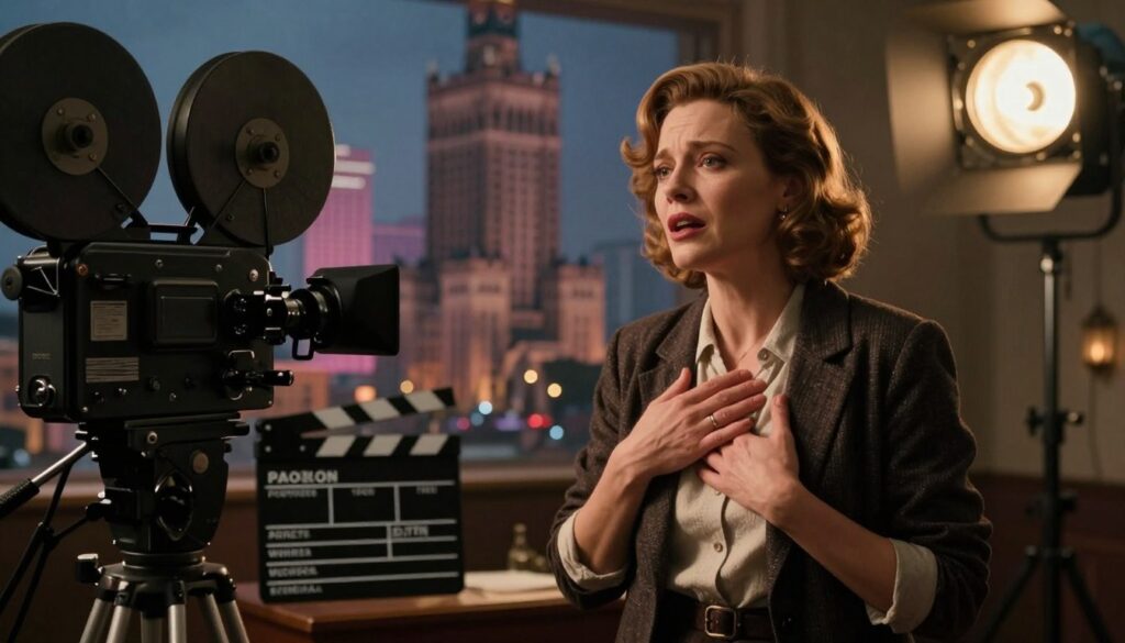 A cinematic scene capturing the essence of groundbreaking roles in Polish feature films. In the foreground, a female actress in a stylish yet modest outfit, exuding confidence and emotion, engages in a powerful performance, her expression reflecting depth and complexity. The middle section showcases iconic film elements, such as a vintage film camera, a clapperboard, and dramatic lighting that enhances the mood, with soft shadows creating a sense of nostalgia. In the background, a blurred cityscape reminiscent of Warsaw, symbolizing the vibrant backdrop of Polish cinema. The atmosphere is rich and dramatic, lit by warm, ambient lighting, evoking a sense of creativity and passion in the world of film. A cinematic scene capturing the essence of groundbreaking roles in Polish feature films. In the foreground, a female actress in a stylish yet modest outfit, exuding confidence and emotion, engages in a powerful performance, her expression reflecting depth and complexity. The middle section showcases iconic film elements, such as a vintage film camera, a clapperboard, and dramatic lighting that enhances the mood, with soft shadows creating a sense of nostalgia. In the background, a blurred cityscape reminiscent of Warsaw, symbolizing the vibrant backdrop of Polish cinema. The atmosphere is rich and dramatic, lit by warm, ambient lighting, evoking a sense of creativity and passion in the world of film.