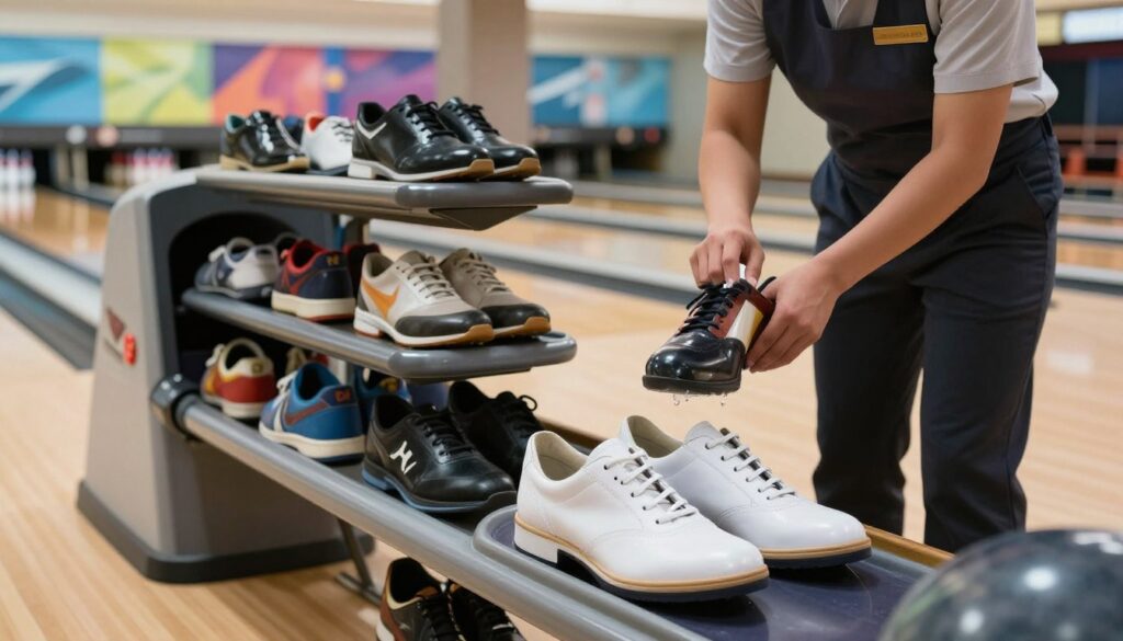 A clean and modern bowling alley interior, featuring a shoe rental station with neatly arranged bowling shoes in various styles, emphasizing hygiene and safety. In the foreground, a pair of pristine bowling shoes with soft lighting highlighting their cleanliness. The middle ground shows a staff member in a professional uniform, demonstrating proper shoe sanitization techniques. The background captures bowling lanes, softly lit with vibrant colors, creating a welcoming atmosphere. The mood is informative and professional, highlighting the importance of shoe hygiene for safety. Use natural, soft lighting to enhance the clean environment and focus on detail to evoke a sense of trust and care in maintaining hygiene standards.