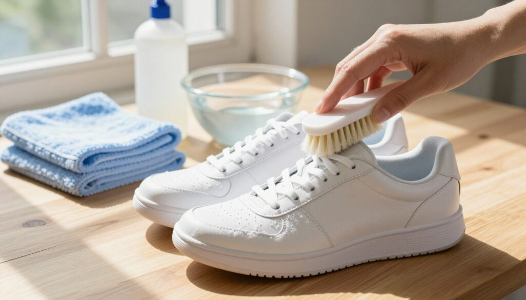 A clean pair of white shoes is prominently displayed in the foreground, sitting on a wooden table. In the process of cleaning, a gentle hand holds a soft brush, applying a mild cleaning solution that creates a slight lather on the sneakers. The middle ground features various cleaning materials like microfiber cloths, a bottle of soap, and a bowl with warm water, all organized neatly. In the background, natural sunlight streams through a nearby window, casting soft shadows and highlighting the pristine white of the shoes. The atmosphere feels fresh and rejuvenating, evoking a sense of care and attention to detail in maintaining footwear. The composition emphasizes the materials and techniques important for cleaning shoes without causing discoloration. A clean pair of white shoes is prominently displayed in the foreground, sitting on a wooden table. In the process of cleaning, a gentle hand holds a soft brush, applying a mild cleaning solution that creates a slight lather on the sneakers. The middle ground features various cleaning materials like microfiber cloths, a bottle of soap, and a bowl with warm water, all organized neatly. In the background, natural sunlight streams through a nearby window, casting soft shadows and highlighting the pristine white of the shoes. The atmosphere feels fresh and rejuvenating, evoking a sense of care and attention to detail in maintaining footwear. The composition emphasizes the materials and techniques important for cleaning shoes without causing discoloration.