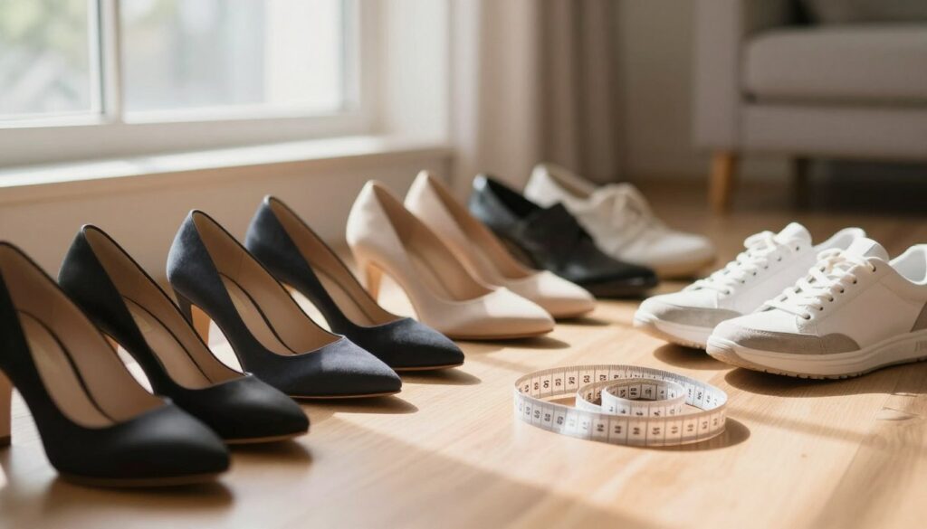 A close-up composition exhibiting various shoe sizes displayed on a wooden floor, with a measuring tape elegantly coiled beside them. The foreground features a diverse range of footwear, from stylish heels to comfortable sneakers, reflecting modern trends. In the middle ground, soft sunlight filters through a nearby window, casting gentle shadows that enhance the textures of the shoes. The background is softly blurred, featuring a minimalist room with a cozy atmosphere. The overall mood conveys a sense of warmth and curiosity, inviting the viewer to consider the importance of selecting the right shoe size. The image should have a natural, inviting aesthetic, utilizing soft, diffused lighting to create a harmonious and professional look. A close-up composition exhibiting various shoe sizes displayed on a wooden floor, with a measuring tape elegantly coiled beside them. The foreground features a diverse range of footwear, from stylish heels to comfortable sneakers, reflecting modern trends. In the middle ground, soft sunlight filters through a nearby window, casting gentle shadows that enhance the textures of the shoes. The background is softly blurred, featuring a minimalist room with a cozy atmosphere. The overall mood conveys a sense of warmth and curiosity, inviting the viewer to consider the importance of selecting the right shoe size. The image should have a natural, inviting aesthetic, utilizing soft, diffused lighting to create a harmonious and professional look.