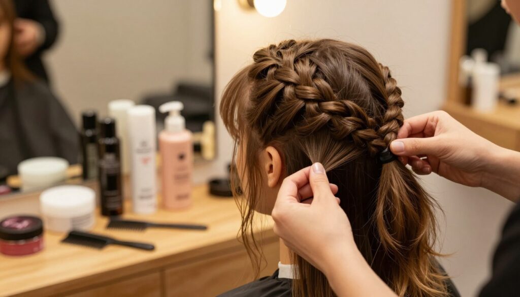 A close-up image of a skilled stylist preparing hair for a French braid, showcasing a detailed view of the hair texture and the intricate steps involved. The foreground features a well-groomed model with medium-length hair styled in a neat and professional manner, with the stylist’s hands gently sectioning the hair. In the middle, various hair products like pomade and combs are artistically arranged on a wooden countertop, symbolizing the preparation phase. The background has a softly blurred hair salon setting, filled with warm, golden lighting that creates an inviting atmosphere. The angle captures the meticulous care taken during the braiding process, emphasizing the artistry behind this popular hairstyle. The overall mood is focused and elegant, conveying professionalism and creativity. A close-up image of a skilled stylist preparing hair for a French braid, showcasing a detailed view of the hair texture and the intricate steps involved. The foreground features a well-groomed model with medium-length hair styled in a neat and professional manner, with the stylist’s hands gently sectioning the hair. In the middle, various hair products like pomade and combs are artistically arranged on a wooden countertop, symbolizing the preparation phase. The background has a softly blurred hair salon setting, filled with warm, golden lighting that creates an inviting atmosphere. The angle captures the meticulous care taken during the braiding process, emphasizing the artistry behind this popular hairstyle. The overall mood is focused and elegant, conveying professionalism and creativity.