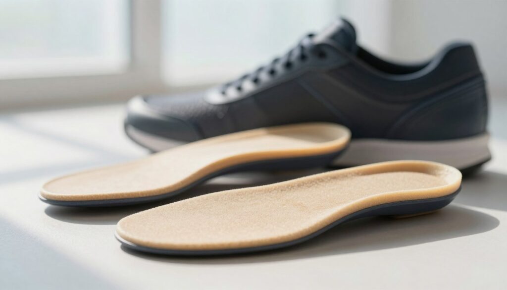 A close-up image of supportive shoe inserts, highlighting their structure and design, displayed with a soft focus on the background. The foreground features the inserts prominently, showcasing their contours and materials such as foam or gel, emphasizing comfort and rigidity. In the middle ground, a partially open shoe is positioned, illustrating how the inserts fit inside, enhancing the visual context. The background has a light gradient, providing an airy atmosphere, and daylight streams in from a nearby window, casting gentle shadows to enhance the texture of the inserts. The overall mood is informative and professional, aimed at educating the viewer about shoe reinforcement options.