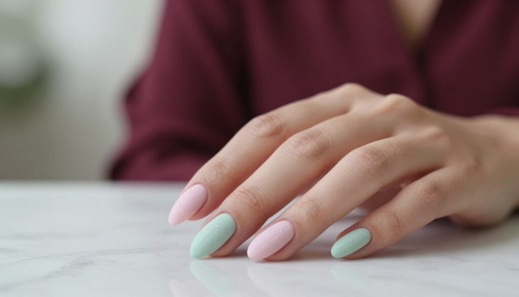 A close-up image showcasing a pair of elegantly manicured minimalist nails, featuring a soft matte finish and subtle pastel colors like pale pink and mint green. The nails are uniformly shaped in an almond style, with a sleek and understated design that includes delicate lines or tiny geometric patterns, evoking a sense of modern elegance. In the foreground, a stylish hand is resting on a smooth marble surface, adding sophistication. The background is softly blurred with gentle bokeh, incorporating hints of soft lighting to create a serene atmosphere. The overall mood is calm and chic, embodying a minimalist approach to nail art, perfect for complementing a burgundy dress. Use natural lighting to emphasize the nail details without harsh shadows.