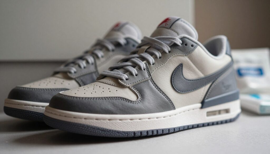 A close-up of a high-quality, authentic sneaker laid against a neutral background. The sneaker's intricate details are highlighted, showcasing premium stitching, durable materials, and distinct branding elements. The foreground focuses on the texture of the leather and the unique sole design, with a shallow depth of field that blurs the edges for a professional look. In the background, faint outlines of a shoe box and care materials are barely visible, emphasizing authenticity without detracting from the subject. Soft, natural lighting casts gentle shadows that enhance the sneaker's contours, creating an inviting atmosphere of craftsmanship and reliability. The image conveys a sense of trustworthiness and attention to detail, perfect for illustrating quality in footwear.