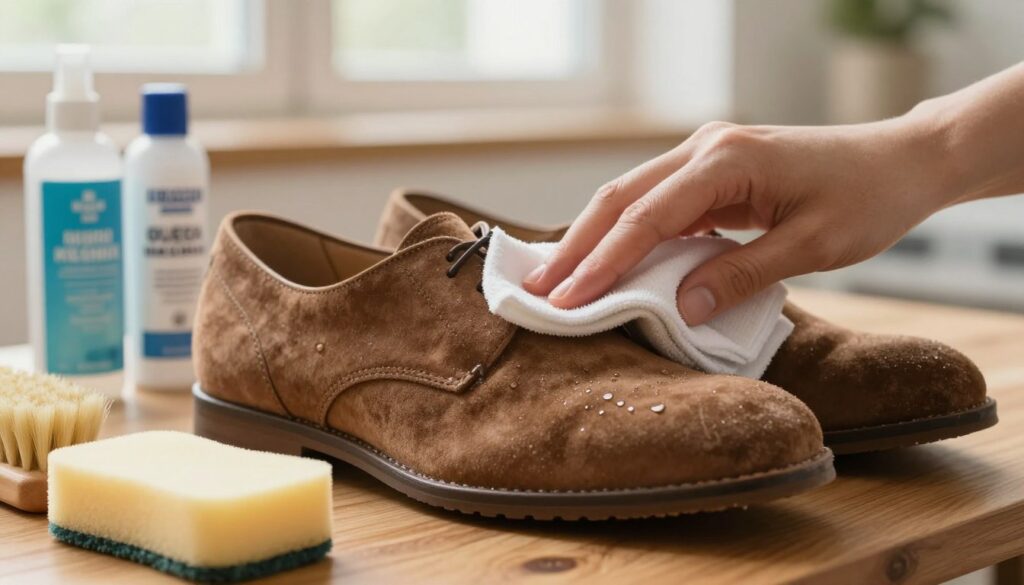 A close-up of a pair of suede shoes being cleaned with a damp cloth, showcasing the rich texture of the suede and the water droplets glistening on the material. In the foreground, a sponge and a soft-bristled brush lie next to the shoes, indicating the cleaning process. The middle ground features a wooden table with shoe cleaning products, such as suede cleaner and conditioner, neatly arranged. The background is softly blurred, suggesting a cozy, well-lit room with warm, natural light filtering through a window. The mood is calm and professional, emphasizing meticulous care and attention to detail in shoe maintenance, ideal for illustrating the process of wet cleaning suede.