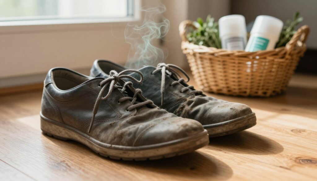 A close-up of a pair of worn-out, smelly shoes, positioned on a wooden floor in a cozy, well-lit room. The shoes are slightly scuffed, with visible dirt and old laces, emanating a faint wisp of greenish odor lines to humorously suggest their unpleasant smell. In the background, a basket filled with natural deodorizers like baking soda and herbs, hinting at home remedies. Soft, warm natural light filters through a nearby window, casting gentle shadows and creating a comfortable atmosphere. The angle is from slightly above, focusing on the shoes while still revealing the basket in an inviting domestic setting, emphasizing the theme of effective home solutions for shoe odor.