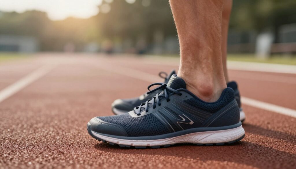 A close-up of a running shoe placed on a textured training surface, with a focus on the shoe’s curvature and fit around the foot. In the foreground, include a foot partially inside the shoe, showing slight swelling and the natural change in size due to training, with visible muscles and veins subtly highlighted. In the middle ground, depict a blurred running track to emphasize movement and activity. The background should feature a soft-focus gym environment with warm, diffused lighting that creates a motivating atmosphere. The angle should be slightly low, capturing the dynamic essence of running and the concept of footwear adapting to foot size during exercise. The mood should be energetic yet informative, evoking a sense of determination and focus. A close-up of a running shoe placed on a textured training surface, with a focus on the shoe’s curvature and fit around the foot. In the foreground, include a foot partially inside the shoe, showing slight swelling and the natural change in size due to training, with visible muscles and veins subtly highlighted. In the middle ground, depict a blurred running track to emphasize movement and activity. The background should feature a soft-focus gym environment with warm, diffused lighting that creates a motivating atmosphere. The angle should be slightly low, capturing the dynamic essence of running and the concept of footwear adapting to foot size during exercise. The mood should be energetic yet informative, evoking a sense of determination and focus.