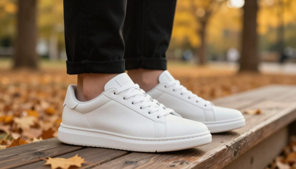 A close-up of stylish white sneakers positioned on a rustic wooden surface, capturing their sleek design and minimalist appeal. In the middle ground, a pair of black trousers partially visible, creating a contrast that enhances the sneakers' brightness. The background features a softly blurred autumn park scene, with golden and orange leaves hinting at the seasonal influence on fashion. The lighting is warm and natural, with sunlight filtering through the trees, casting gentle shadows. The angle is slightly elevated, focusing on the sneakers while allowing the context of the setting to enrich the overall atmosphere. The mood is casual yet sophisticated, embodying a chic, contemporary style suitable for autumn outings. A close-up of stylish white sneakers positioned on a rustic wooden surface, capturing their sleek design and minimalist appeal. In the middle ground, a pair of black trousers partially visible, creating a contrast that enhances the sneakers' brightness. The background features a softly blurred autumn park scene, with golden and orange leaves hinting at the seasonal influence on fashion. The lighting is warm and natural, with sunlight filtering through the trees, casting gentle shadows. The angle is slightly elevated, focusing on the sneakers while allowing the context of the setting to enrich the overall atmosphere. The mood is casual yet sophisticated, embodying a chic, contemporary style suitable for autumn outings.