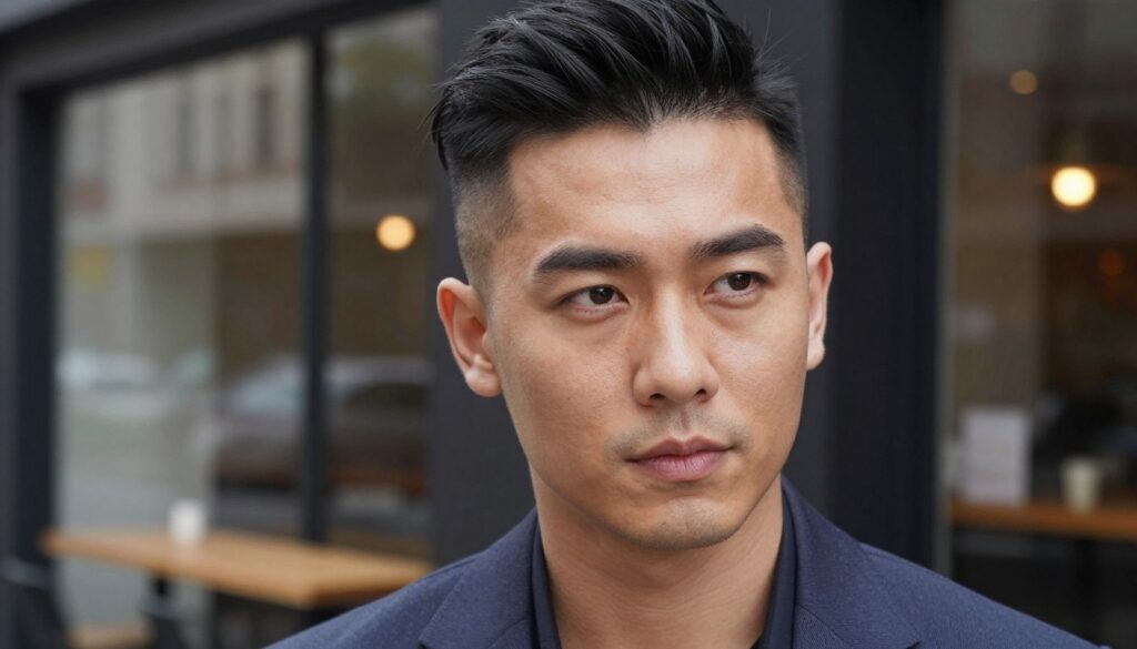A close-up portrait of a man with an undercut hairstyle, showcasing a strong jawline and facial features. He should be wearing a stylish, smart-casual outfit to reflect a polished look. The lighting is soft and even, highlighting the details of his hair and facial structure, with a slightly blurred background to focus on the subject. The background could include a modern urban setting, such as a café or a trendy street, to convey a contemporary atmosphere. Capture the essence of confidence and style, making him appear approachable yet fashionable. The angle should be slightly elevated, offering a dynamic view that accentuates the haircut and facial features, inviting viewers to consider how this style can complement various face shapes.