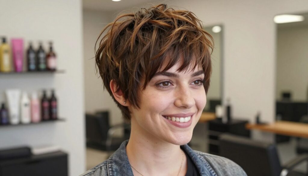 A close-up portrait of a modern pixie haircut styled for thin and fine hair. The hair should exhibit soft, natural waves to convey volume, with highlights that add dimension. The foreground features a model with a warm smile, dressed in a trendy, casual outfit, reflecting a professional yet approachable demeanor. The middle ground showcases a stylish hair salon interior, with chic décor and hair care products subtly arranged on shelves. In the background, soft, diffused lighting creates a welcoming atmosphere, emphasizing the importance of regular hairdresser visits. The angle should be slightly off-center to give a dynamic feel. The overall mood is uplifting and empowering, highlighting the beauty of maintaining one's hairstyle. A close-up portrait of a modern pixie haircut styled for thin and fine hair. The hair should exhibit soft, natural waves to convey volume, with highlights that add dimension. The foreground features a model with a warm smile, dressed in a trendy, casual outfit, reflecting a professional yet approachable demeanor. The middle ground showcases a stylish hair salon interior, with chic décor and hair care products subtly arranged on shelves. In the background, soft, diffused lighting creates a welcoming atmosphere, emphasizing the importance of regular hairdresser visits. The angle should be slightly off-center to give a dynamic feel. The overall mood is uplifting and empowering, highlighting the beauty of maintaining one's hairstyle.