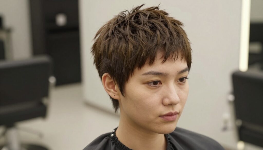 A close-up portrait of a person with a "fryzura zapałkę" hairstyle, showcasing very short hair styled sharply to mimic a matchstick look. The model has a confident expression, dressed in smart casual attire to convey professionalism. Soft, natural lighting emphasizes the texture and volume of the hair. The background features a blurred salon interior, giving a sense of an upscale hair grooming environment. The focus is on the hair and its unique sharp styling, with shallow depth of field to create an intimate atmosphere. Overall, the image should communicate the elegance and modernity of very short haircuts, inviting viewers to appreciate its appeal based on hair type.
