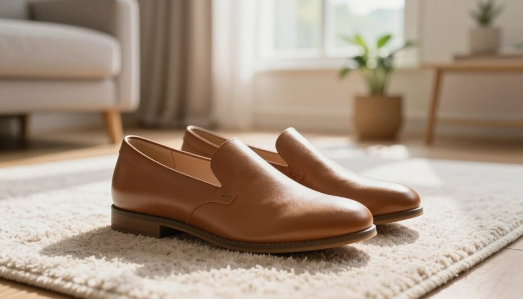 A close-up shot of a stylish pair of Remonte shoes placed on a soft, plush rug in a cozy, well-lit living room. The shoes are crafted from high-quality leather, showcasing their sleek design and comfort-oriented features like cushioning and arch support. In the background, a warm window casts gentle sunlight into the room, creating a serene atmosphere with soft shadows. A potted plant is slightly blurred in the corner, adding an organic touch to the setting. The focus on the shoes highlights their uniqueness and comfort. The overall mood is inviting and tranquil, emphasizing the idea of relaxation and daily comfort in footwear.