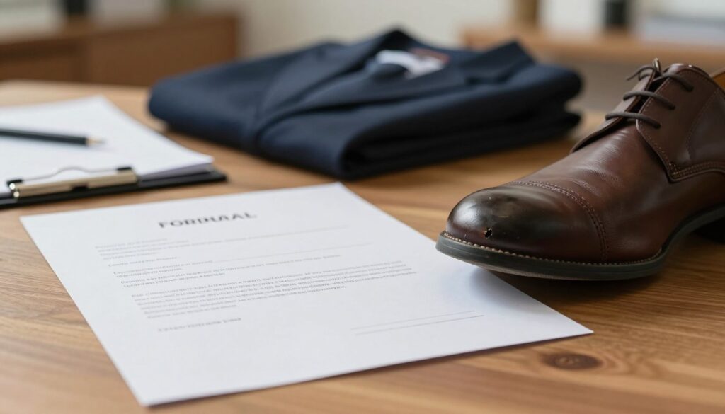 A close-up view of a damaged shoe on a wooden desk, with a formal complaint letter beside it. In the foreground, the shoe's sole is partially detached, indicating a manufacturing defect. The letter, printed on crisp white paper, features an address and a formal greeting, hinting at a claim being made. The middle ground shows a pair of neatly folded business attire, suggesting a professional atmosphere, and a legal pad filled with notes, implying preparation for further action. The background is softly blurred, depicting a cozy office environment with warm, diffused lighting. The overall mood is serious and contemplative, reflecting the importance of a proper response to a rejected warranty claim.
