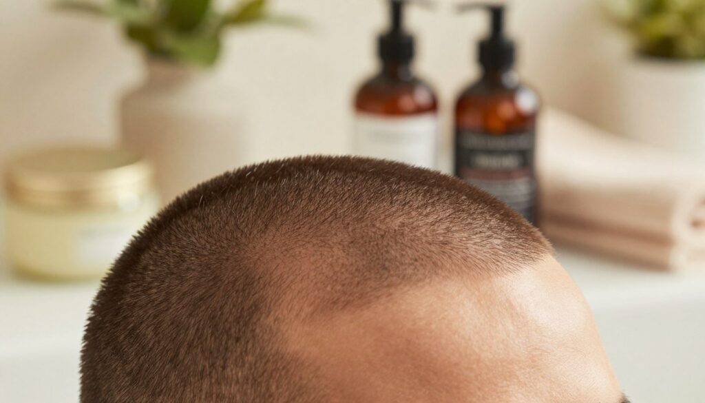 A close-up view of a healthy scalp, prominently featuring very short hair, showcasing fine details of hair texture and smooth skin. In the foreground, the scalp is illuminated with soft, warm lighting, accentuating the natural sheen and cleanliness. Visible are tiny wisps of hair that suggest meticulous grooming. In the middle ground, include a pair of well-maintained hair care products arranged neatly, like a gentle scalp scrub and moisturizing serum, reflecting a routine for short hair maintenance. The background should be softly blurred, suggesting a serene bathroom setting with plants and soft towels, creating a calming atmosphere. The overall mood is one of modern sophistication and self-care, ideal for individuals who embrace and care for very short hairstyles.