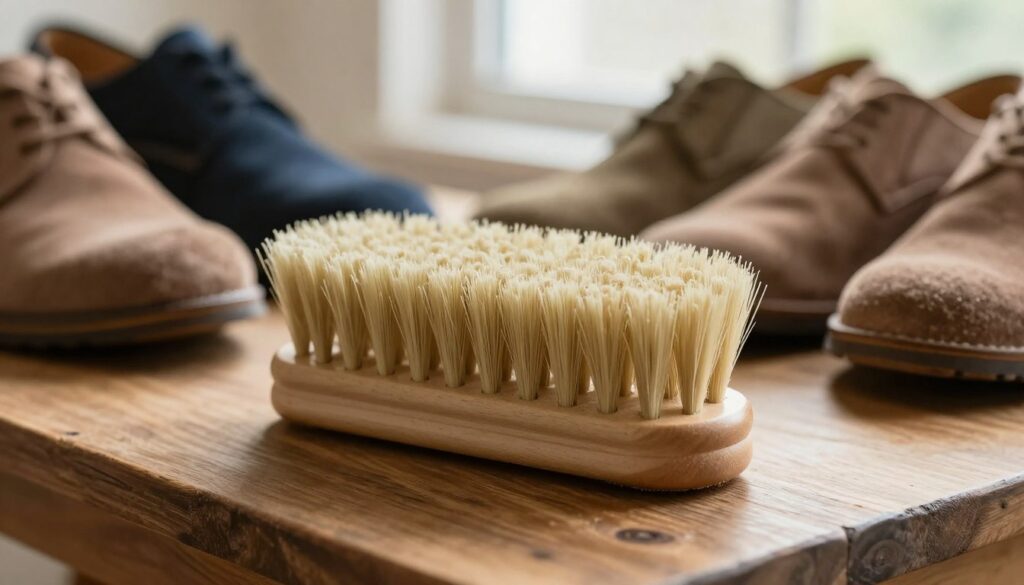 A close-up view of a high-quality suede cleaning brush, featuring soft, dense bristles designed for delicate materials. The brush is placed on a small, rustic wooden table, giving a warm and inviting atmosphere. In the background, slightly blurred, there are suede shoes in various colors, showcasing how the brush can be used with different shades. Natural soft lighting streams from a nearby window, creating gentle shadows that highlight the texture of the brush. The scene is calm and organized, conveying a sense of care and attention to detail, perfect for suede shoe maintenance. The overall mood is one of practicality and elegance, emphasizing the importance of proper care for suede footwear. A close-up view of a high-quality suede cleaning brush, featuring soft, dense bristles designed for delicate materials. The brush is placed on a small, rustic wooden table, giving a warm and inviting atmosphere. In the background, slightly blurred, there are suede shoes in various colors, showcasing how the brush can be used with different shades. Natural soft lighting streams from a nearby window, creating gentle shadows that highlight the texture of the brush. The scene is calm and organized, conveying a sense of care and attention to detail, perfect for suede shoe maintenance. The overall mood is one of practicality and elegance, emphasizing the importance of proper care for suede footwear.