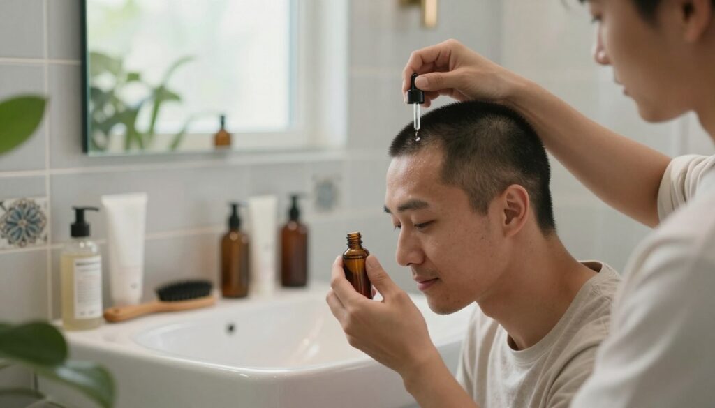 A close-up view of a male individual with a buzz cut sitting comfortably in a stylish bathroom setting, engaging in scalp care. The foreground features the person gently applying a nourishing scalp oil or lotion with a dropper, showcasing a focused expression of relaxation and grooming. The middle ground reveals a modern bathroom mirror reflecting neatly arranged grooming products, such as moisturizers and a brush. Soft, natural light streams in through a window, creating a calm and inviting atmosphere. The background includes subtle details like leafy plants and elegant tiles, enhancing the mood of self-care and wellness, while ensuring the scene remains clean and professional. The individual is dressed in a simple, modest casual outfit, emphasizing the focus on scalp care.