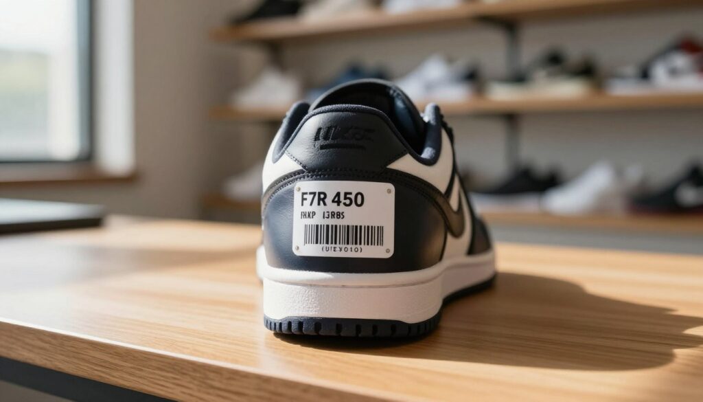 A close-up view of a product code label displayed prominently on a stylish sneaker in a professional setting. The sneaker should be placed on a sleek wooden surface, softly illuminated by natural daylight coming from a nearby window, casting gentle shadows. In the background, blurred shelves filled with various footwear options can be seen, emphasizing the context of authenticity verification. The product code label should be clear and detailed, showcasing numbers and barcodes, reflecting its importance in identifying original products. The atmosphere is focused and serious, conveying trust and professionalism, appropriate for an article segment discussing product authenticity.