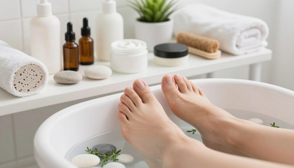 A close-up view of a professional and serene foot hygiene scene. In the foreground, a pair of well-groomed, clean feet sit in a relaxing soak, surrounded by soothing elements like smooth pebbles and fresh herbs. The middle layer features a stylish pedicure setup, with essential foot care products including pumice stones, moisturizing creams, and foot scrubs neatly arranged. Soft, natural lighting illuminates the scene, creating a calming atmosphere that conveys freshness and cleanliness. In the background, there are soft towels and a small plant, adding a touch of nature. The overall mood is tranquil and hygienic, emphasizing the importance of foot care for freshness in footwear.