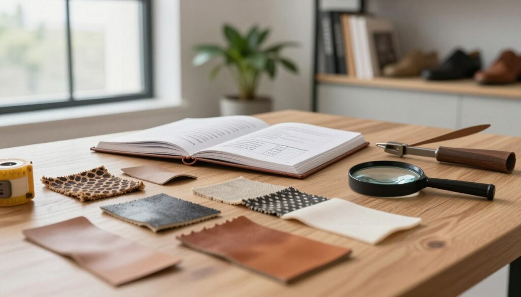 A close-up view of a professional quality analysis setup featuring various materials used in footwear, emphasizing the textures and patterns. In the foreground, there are samples of leather, fabric, and rubber, arranged meticulously on a wooden workbench with tools like a magnifying glass and measuring tape nearby. In the middle ground, an open notebook displays notes on material properties and comfort ratings, illuminated by soft, diffused natural light coming from a large window. The background showcases a stylish workspace with minimalist design, featuring a potted plant and a soft-focused shelf filled with books on shoe design and craftsmanship. The mood is focused and sophisticated, highlighting a blend of craftsmanship and scientific analysis.