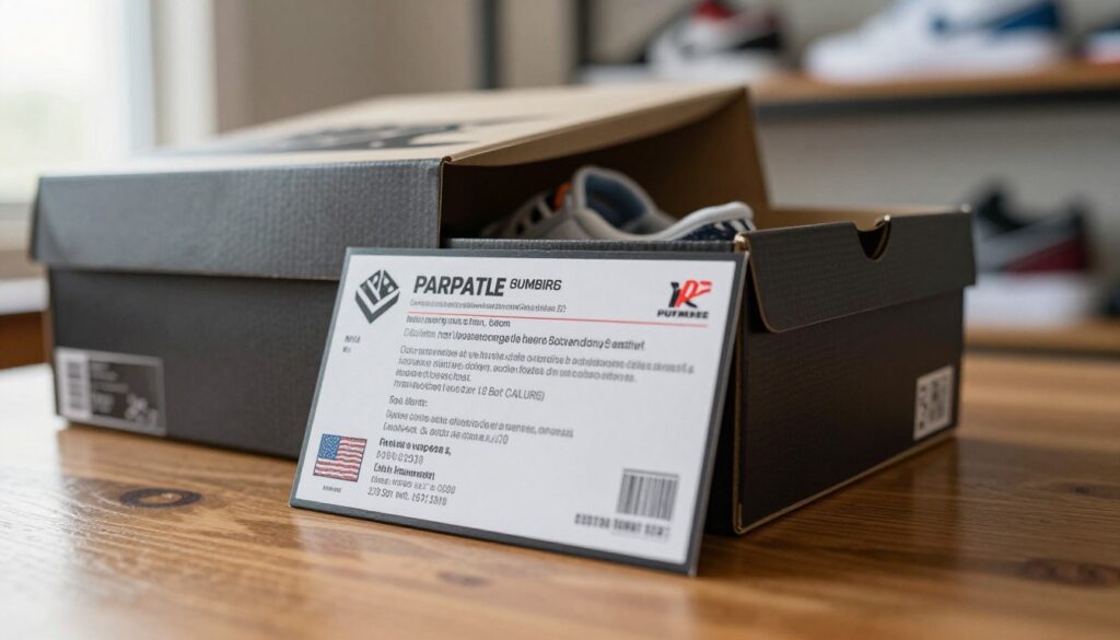A close-up view of a shoebox lying on a wooden surface, featuring a prominent shoe label attached to it. The shoebox is partially opened, revealing the interior with a hint of original shoes peeking out. In the foreground, the focus is on the intricately designed label, showcasing detailed information, brand logos, and authenticity markers. Soft, natural lighting filters in from the left, creating gentle shadows that enhance the textures of the box and label. The background is softly blurred, suggesting a cozy and inviting room setting, perhaps with a glimpse of a sneaker display on a shelf. The mood is professional and authentic, emphasizing the importance of verifying product authenticity through packaging details.
