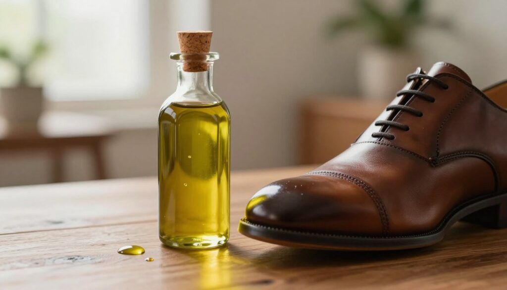 A close-up view of a small glass bottle of olive oil, elegantly placed on a wooden table. The bottle features a sleek design with a cork stopper, glistening reflections from the soft morning light. In the foreground, a polished leather shoe rests slightly off-center, showcasing its rich texture and shine. A few drops of olive oil are strategically drizzled around the shoe, enhancing its surface. The background is softly blurred, revealing hints of a cozy, well-lit room with a hint of greenery from a nearby plant, creating a warm, inviting atmosphere. The overall mood is serene and sophisticated, highlighting the natural care of leather footwear.