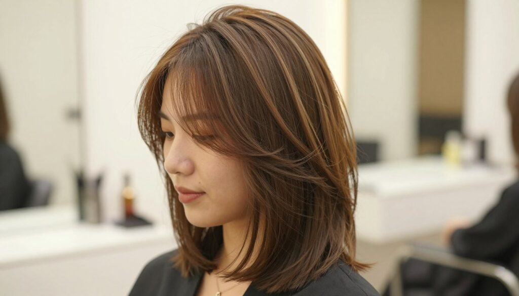 A close-up view of a sophisticated hairstyle featuring expertly layered, soft, and flowing 'cieniowanie' techniques in hair. The foreground showcases a woman with shoulder-length hair, elegantly styled with subtle highlights and lowlights that create depth and volume, emphasizing the layered texture. She is dressed in professional business attire, with serene confidence on her face, reflecting the rejuvenating effect of the hairstyle. The background features a softly blurred salon environment, with warm, inviting lighting that enhances the hair's color and shine. A gentle bokeh effect suggests a calm, airy atmosphere, emphasizing the focus on the hair's dimension. The angle captures the side profile, allowing the layers to be clearly visible and accentuated, portraying a youthful, vibrant spirit.