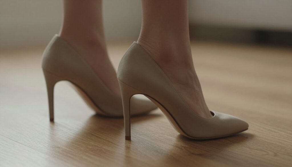 A close-up view of a stylish pair of high-heeled shoes on a polished wooden floor, capturing the moment they gently touch down. Soft, warm lighting illuminates the scene, creating an inviting atmosphere. The focus is on the shoes' elegant design, including intricate details and textures, with a slight blur in the background emphasizing the graceful movement. A hint of motion blur around the heel suggests a slow, deliberate stride, symbolizing the impact of walking slowly on sound reduction. The color palette is muted and earthy, enhancing the sophistication of the setting. The image conveys a serene ambiance, reflecting the concept of quiet footsteps in a tranquil environment. A close-up view of a stylish pair of high-heeled shoes on a polished wooden floor, capturing the moment they gently touch down. Soft, warm lighting illuminates the scene, creating an inviting atmosphere. The focus is on the shoes' elegant design, including intricate details and textures, with a slight blur in the background emphasizing the graceful movement. A hint of motion blur around the heel suggests a slow, deliberate stride, symbolizing the impact of walking slowly on sound reduction. The color palette is muted and earthy, enhancing the sophistication of the setting. The image conveys a serene ambiance, reflecting the concept of quiet footsteps in a tranquil environment.