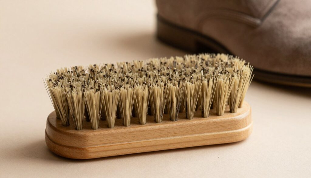A close-up view of a suede brush, specifically designed for cleaning suede footwear, set against a soft, neutral-colored surface. The brush should exhibit its characteristics, showcasing dense, gentle bristles and a comfortable wooden handle, well-lit to highlight the texture and materials. In the background, out of focus, there should be a faint silhouette of a pair of stylish suede shoes, suggesting its intended use. The lighting is warm and inviting, creating a cozy atmosphere that emphasizes care and maintenance for suede items. The image composition should evoke professionalism and cleanliness, perfectly suited for an article focused on suede shoe care accessories.
