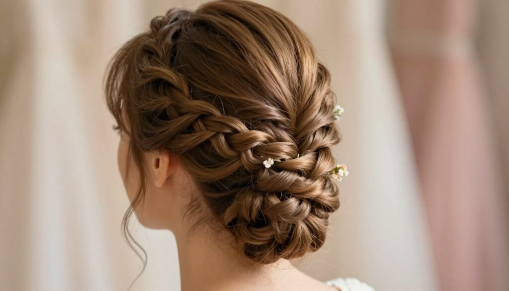 A close-up view of an elegant classic braid styled intricately, showcasing the detailed texture and pattern of the woven hair. The braid is adorned with delicate floral accents, enhancing the romantic feel suitable for a wedding setting. In the background, softly blurred pastel colors suggest a dreamy atmosphere, evoking a sense of celebration and beauty. The lighting is warm and soft, highlighting the sheen of the hair and creating gentle shadows that add depth to the braid. The image is captured at a slight angle, emphasizing the hairstyle's elegance while maintaining a focus on the braid as the central subject. The overall mood is sophisticated yet approachable, ideal for showcasing a simple yet refined hairstyle for special occasions.