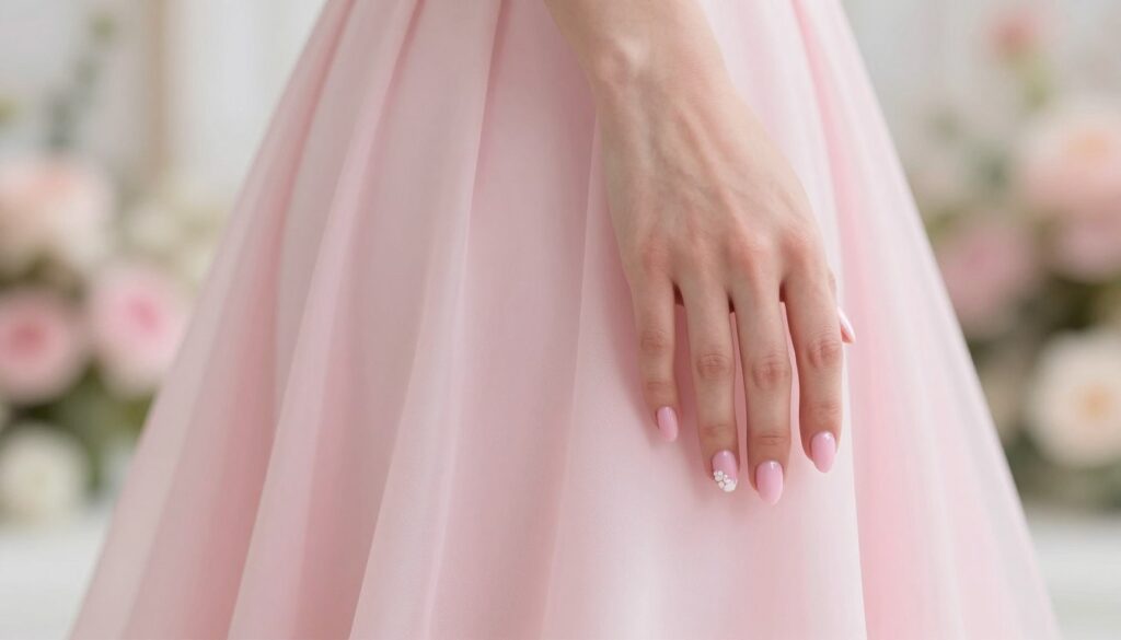 A close-up view of elegantly manicured nails, painted in a soft "pudrowy róż" (powder pink) shade, perfectly complementing a delicate, flowing powder pink dress. The foreground features perfectly shaped nails with a glossy finish, showcasing subtle nail art—tiny, minimalist white floral accents at the base of each nail. In the middle, the gentle curve of the dress drapes elegantly, hinting at the texture of the fabric, creating a dreamy atmosphere. The background is softly blurred with pastel colors, evoking a romantic and serene setting like a beautifully decorated wedding venue. Soft, diffused lighting enhances the softness of the pink tones, creating a light, airy mood that feels timeless and sophisticated, ideal for weddings or special occasions. Capture this moment from a slightly elevated angle to focus on the nails and dress while maintaining an elegant composition. A close-up view of elegantly manicured nails, painted in a soft "pudrowy róż" (powder pink) shade, perfectly complementing a delicate, flowing powder pink dress. The foreground features perfectly shaped nails with a glossy finish, showcasing subtle nail art—tiny, minimalist white floral accents at the base of each nail. In the middle, the gentle curve of the dress drapes elegantly, hinting at the texture of the fabric, creating a dreamy atmosphere. The background is softly blurred with pastel colors, evoking a romantic and serene setting like a beautifully decorated wedding venue. Soft, diffused lighting enhances the softness of the pink tones, creating a light, airy mood that feels timeless and sophisticated, ideal for weddings or special occasions. Capture this moment from a slightly elevated angle to focus on the nails and dress while maintaining an elegant composition.