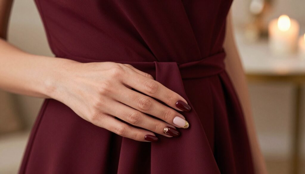 A close-up view of elegantly manicured nails painted in classic colors that complement a deep burgundy dress. The foreground showcases a graceful hand gently holding the burgundy fabric, with the rich texture of the dress emphasizing its luxurious hue. In the background, soft, blurred hints of an elegant setting, like a softly lit candlelit table or a plush fabric, enhance the atmosphere. Natural, warm lighting casts a gentle glow, highlighting the nails’ glossy finish and any subtle nail art, such as gold accents or intricate designs. The overall mood is sophisticated and timeless, perfect for a refined evening look, suggesting the harmony between the nails and the deep burgundy color of the dress.