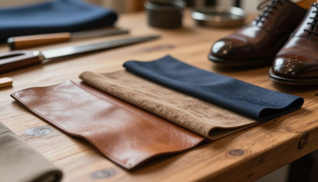 A close-up view of high-quality shoe materials, focusing on a selection of fine leather, suede, and durable textiles arranged artistically on a polished wooden surface. Soft, diffused natural lighting highlights the textures and subtle colors of the materials, creating a warm and inviting atmosphere. In the background, a blurred workshop setting with tools and fabrics illustrates craftsmanship, while a pair of elegantly designed shoes partially in view captures the spirit of artistry and precision. The overall mood is sophisticated and professional, showcasing the essence of premium footwear quality, with no people present in the scene.