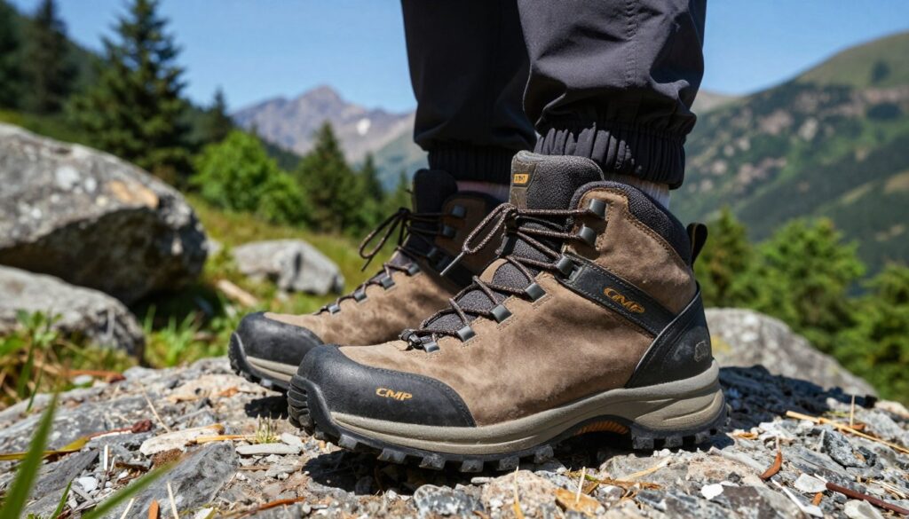 A close-up view of rugged outdoor footwear designed for trekking in challenging terrains, featuring the CMP brand. The boots are positioned on a rocky, uneven forest floor, showcasing their impressive grip and durability. In the foreground, emphasize the textured surface of the sole, highlighting deep treads ideal for traction. In the middle ground, capture a lush, green landscape with scattered boulders and trees, creating an adventurous atmosphere. The background reveals distant mountain peaks under a clear blue sky, suggesting an inspiring trekking environment. Use natural lighting to accentuate the details of the boots and surrounding elements, creating a vibrant and energetic mood. The angle should be slightly elevated, focusing on the boots while threading in the scenic background.
