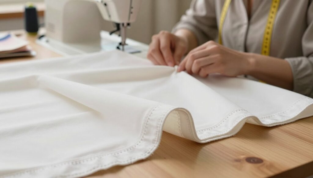 A close-up view of various dress hems showcasing different finishing techniques. In the foreground, display a neatly folded hem with delicate hand stitching, a rolled hem with clean edges, and a bias tape finish, all highlighted under soft, natural lighting. In the middle ground, a professional tailor's hands are skillfully demonstrating another finishing technique, wearing modest clothing and focused on their work. The background features a sewing machine and fabric swatches, creating a warm and inviting atmosphere. The entire image should convey an air of craftsmanship and attention to detail, emphasizing the beauty of professional dress finishing techniques, with soft shadows and a well-composed, balanced layout. A close-up view of various dress hems showcasing different finishing techniques. In the foreground, display a neatly folded hem with delicate hand stitching, a rolled hem with clean edges, and a bias tape finish, all highlighted under soft, natural lighting. In the middle ground, a professional tailor's hands are skillfully demonstrating another finishing technique, wearing modest clothing and focused on their work. The background features a sewing machine and fabric swatches, creating a warm and inviting atmosphere. The entire image should convey an air of craftsmanship and attention to detail, emphasizing the beauty of professional dress finishing techniques, with soft shadows and a well-composed, balanced layout.
