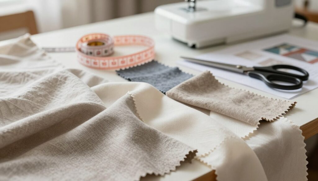A close-up view of various fabric swatches, showcasing the concept of fabric shrinkage. In the foreground, disheveled and crumpled fabric pieces in different textures (cotton, wool, linen) are displayed, with subtle variations in color and pattern. The middle ground features a measuring tape and a pair of scissors, symbolizing the preparation for sewing. The background is softly blurred, hinting at an elegant sewing workstation with a sewing machine and patterns laid out, illuminated by warm, diffuse natural light that creates a cozy, inviting atmosphere. The scene conveys a sense of meticulous preparation, focusing on the importance of accounting for fabric shrinkage before sewing a dress. Use a slight overhead angle to capture the texture and details of the fabrics clearly.