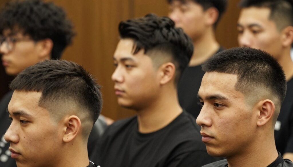 A close-up view of various popular buzz cut styles, featuring a diverse group of men with distinct hairstyles. In the foreground, a man with a classic buzz cut stands confidently, while another with a faded buzz cut appears on the left, showcasing the textured finish. In the middle, a third individual sports a more intricate design, such as a tapered cut with longer length on top, highlighting modern variations. The background is softly blurred with warm, ambient lighting, creating an inviting atmosphere. Capture this scene using a shallow depth of field from a slightly elevated angle, emphasizing hair textures and shapes with rich detail. The mood is stylish and contemporary, ideal for a fashion-forward audience.