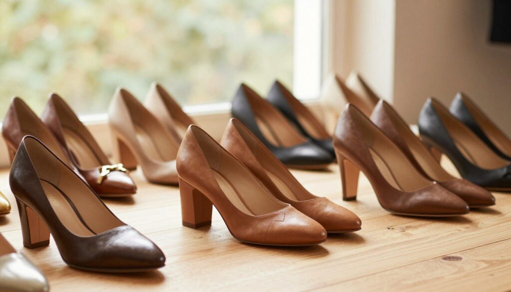 A collection of elegant women's shoes from the brand Carmela, beautifully arranged on a light wooden surface. The foreground features a stylized display of various models showcasing high-quality leather and unique designs, emphasizing craftsmanship. In the middle, a blurred backdrop includes warm, natural light filtering through a window, creating an inviting atmosphere that highlights the shoes. Soft shadows play gently on the floor, enhancing the textures of the materials. The mood is sophisticated yet approachable, reflecting the roots of the Carmela brand. Emphasize earthy tones and subtle details in the footwear, ensuring each shoe stands out distinctly against the serene background, capturing the essence of the company’s heritage and dedication to quality.