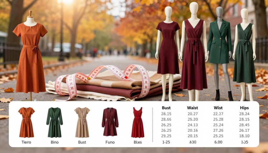 A comprehensive size guide for dresses, presented in a visually appealing format. In the foreground, showcase a well-organized display of various dress sizes, arranged with labels highlighting measurements for bust, waist, and hips. Include a diverse group of mannequins dressed in casual autumn dresses suitable for work and outings, in harmonious colors like burnt orange, deep burgundy, and forest green. In the middle ground, feature a stylish measuring tape and fabric swatches, adding texture and depth. In the background, create a soft, blurred scene of an urban park during fall, with colorful leaves and pathways. The lighting should be warm and inviting, reminiscent of a cozy autumn day, with a slight golden hour glow that invokes a sense of comfort and practicality.