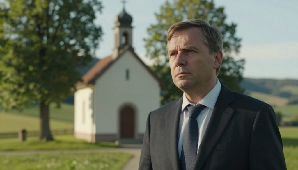 A contemplative scene featuring Augustyn Pelanowski standing in front of a modest, serene chapel nestled in a lush, green landscape. He wears professional business attire, reflecting a composed demeanor. The foreground showcases a close-up of his thoughtful expression, symbolizing his life journey and past controversies. In the middle ground, the chapel is framed by gentle light filtering through the trees, casting soft shadows that enhance the tranquil mood. The background consists of rolling hills and a clear sky, emphasizing his connection to nature. Use a soft-focus lens effect to create a reflective atmosphere, with warm lighting to evoke an air of contemplation and sincerity. Focus on capturing his essence as a figure who has navigated challenges, inviting viewers to ponder his life story.
