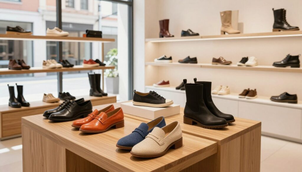 A contemporary online shoe store showcasing a stylish selection of Venice brand shoes. In the foreground, display a variety of Venice shoes in vibrant colors and trendy designs arranged on a sleek wooden display table, ensuring each shoe is well-lit to highlight its texture. The middle ground features modern shelving units filled with more shoe options, including boots and sneakers, set against a clean, minimalistic backdrop. Light streams in through large glass windows, creating a warm and inviting atmosphere, with soft shadows adding depth. The setting should evoke a sense of fashion-forwardness and accessibility, perfect for a shopping experience. The angle should be slightly elevated to capture the expansive layout of the store, inviting viewers into the image.